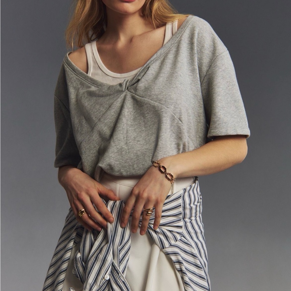 Anthropologie Grey Short-Sleeve Twist-Front Top